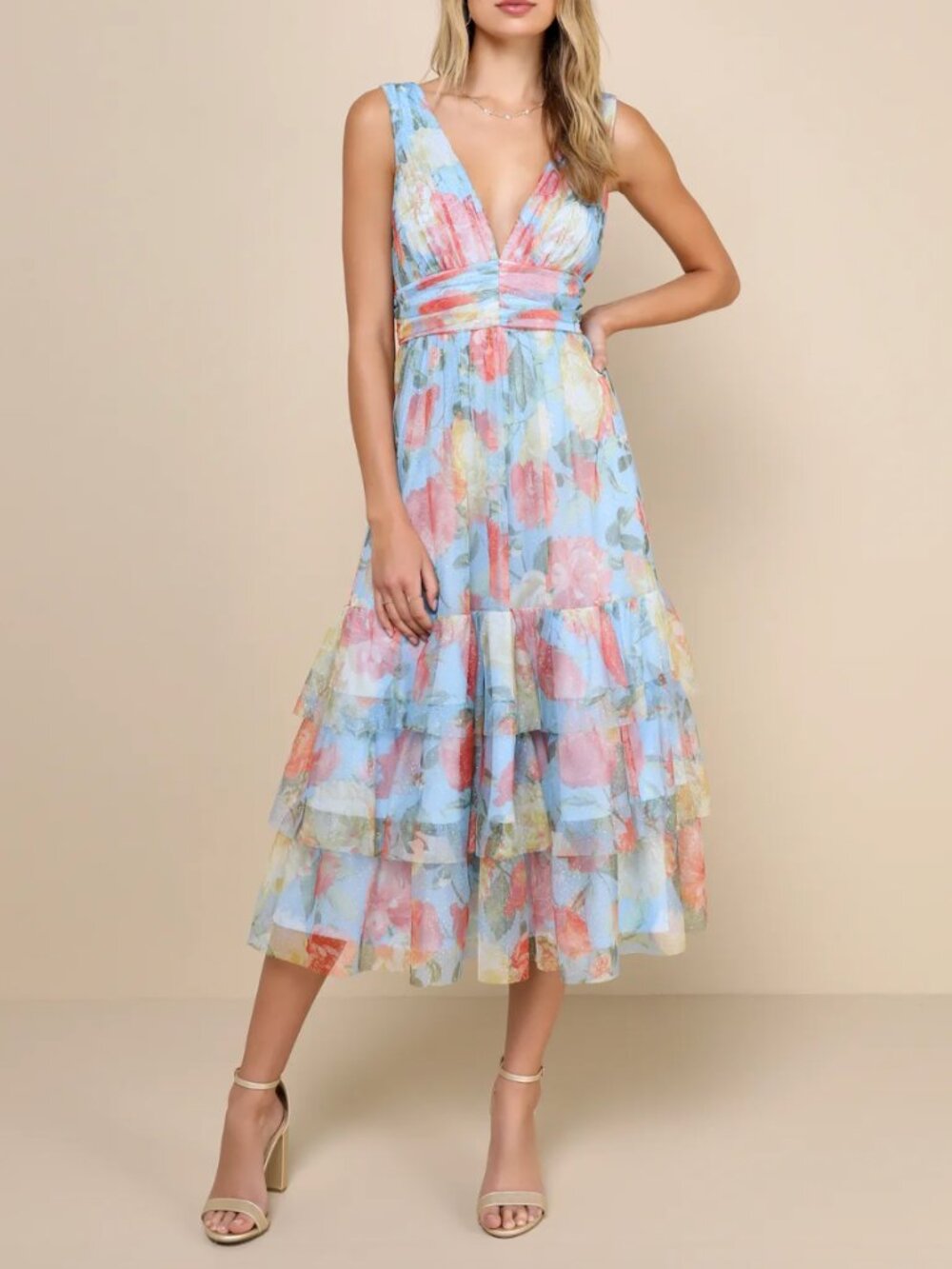 Blue Floral Tulle Tiered Ruffled Midi Dress